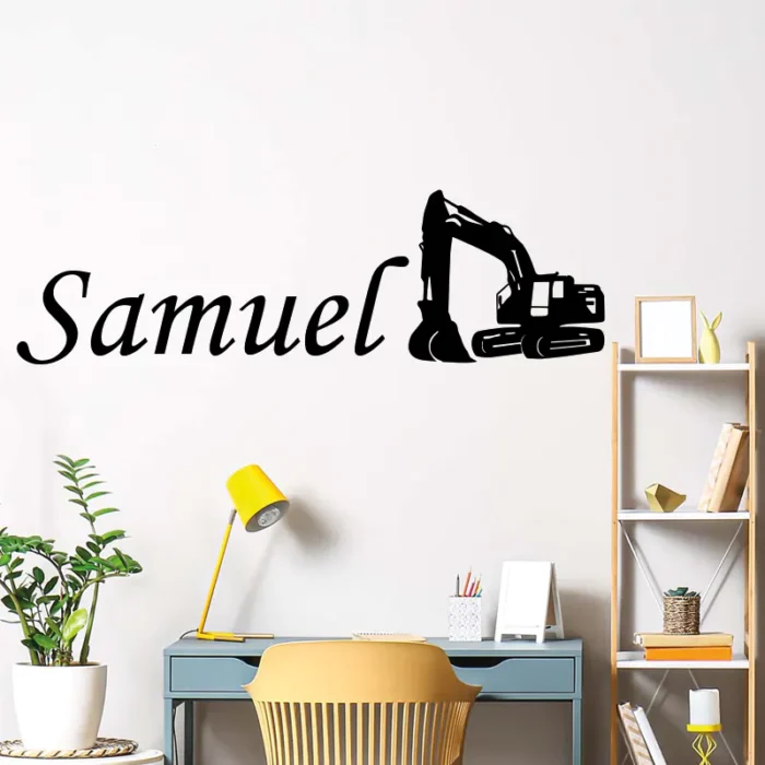 Eget-namn-med-grävmaskin-väggdekoration-barnrum